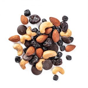 tuscan road trip snack mix made of 70+ dark chocolate buttons, dried blueberries, dried cherries, roasted cashews, almonds
