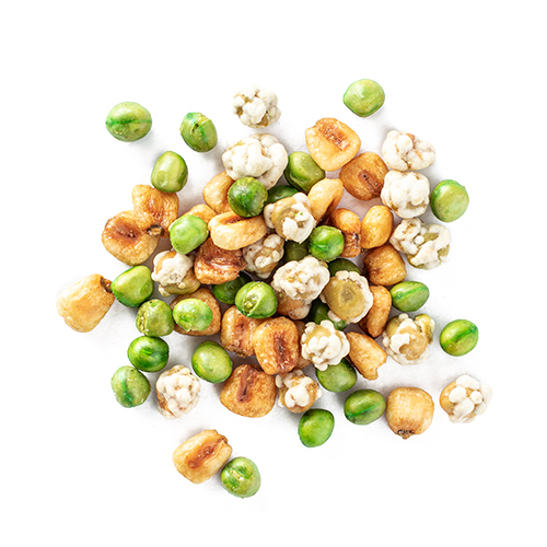 weekend crunch snack mix made of roasted corn nuts, wasabi peas, and roasted peas